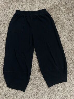 Cotton Blend Barrel Leg Black Ribbed Ankle Cropped Lounge Pants Tulip Hem Large